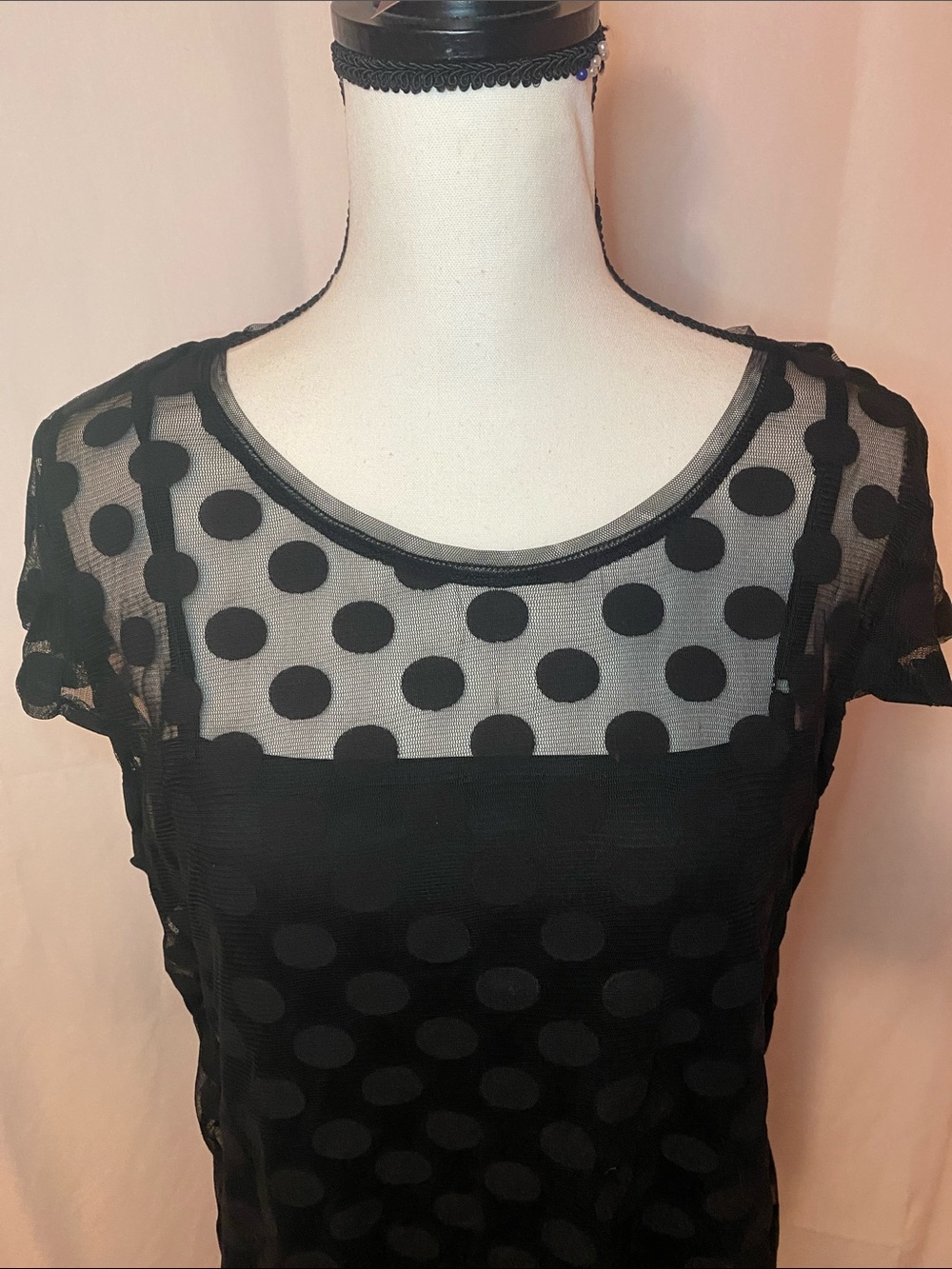INC International Concepts Black Polka Dot Mesh Short Sleeve Blouse - Picture 2 of 7